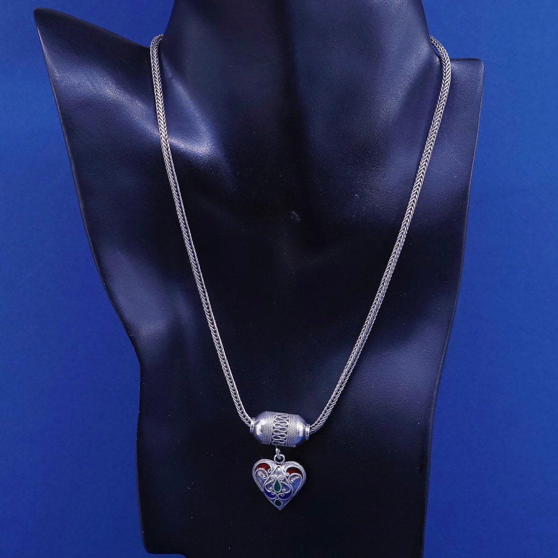 18”, sterling silver handmade necklace 925 wheat chain w/ enamel heart pendant