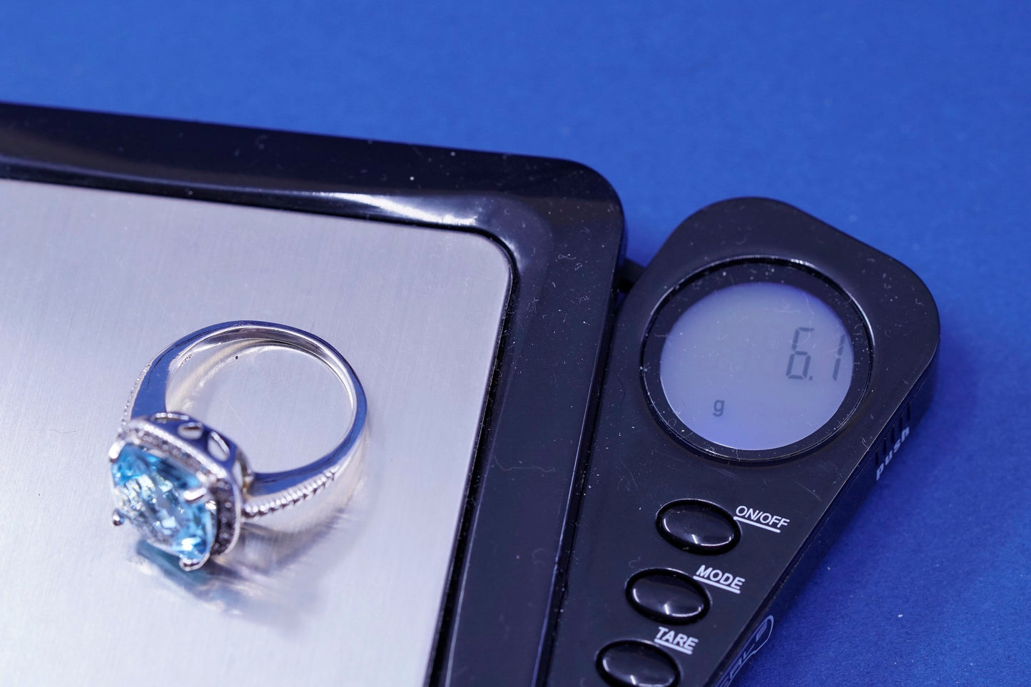 Size 8.25, vtg DBJ Sterling 925 silver ring with cushion cut topaz and diamond