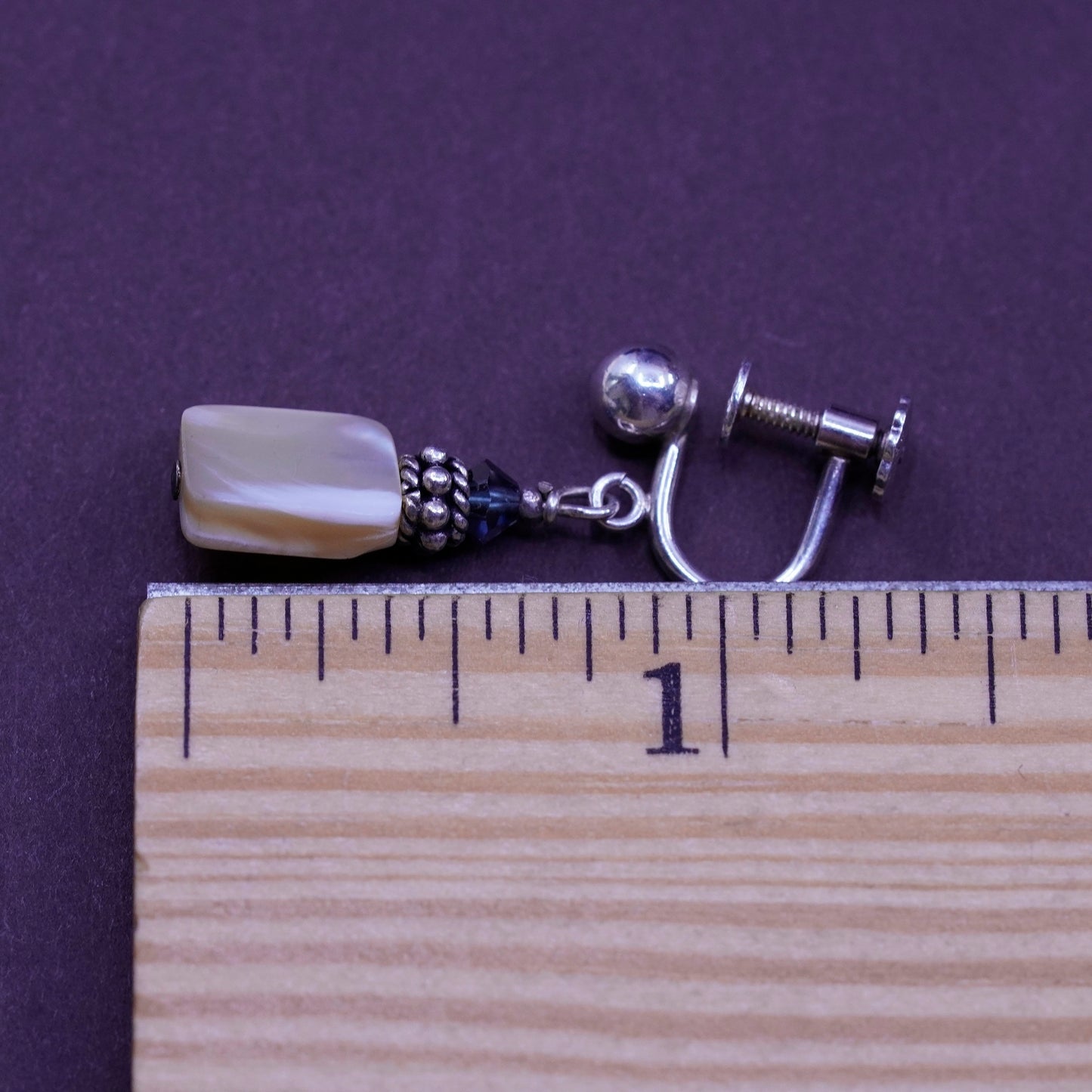 Sterling silver screw back handmade earrings, 925 dangles with mother of pearl