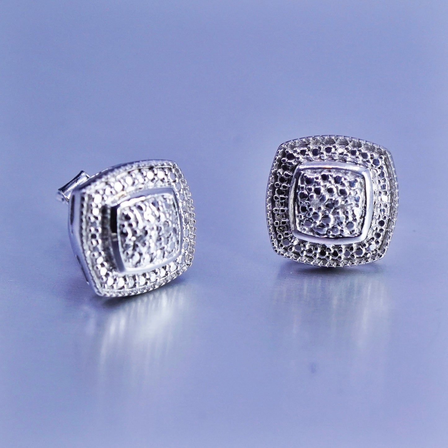 Vintage Sterling 925 silver earrings, square studs with diamond details
