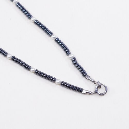 Southwestern Native American Heishi Necklace, Hematite W/ Pearl N 925 Sterling