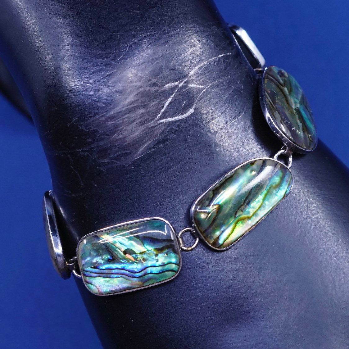 6.75”+1", vtg sterling silver handmade bracelet, 925 w/ abalone links N toggle