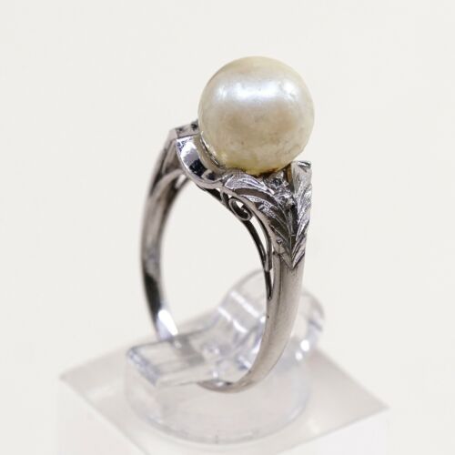 Sz 6.25, Vtg Sterling Silver Handmade Ring w/ Golden Faux Pearl, Stamped 925