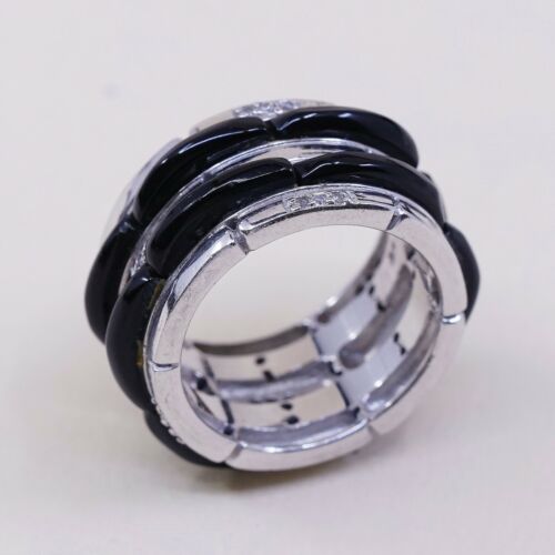 Sz 7.5, Vtg Sterling Silver Handmade Ring, 925 Silver Band W Obsidian Inlay