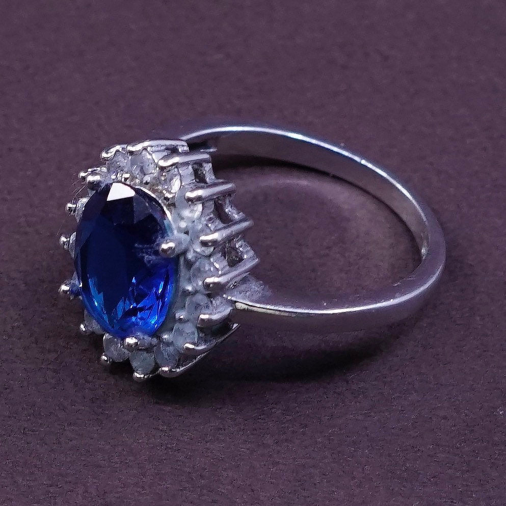 sz 6.25, vtg sterling silver handmade ring, 925 w/ crystal N sapphire details