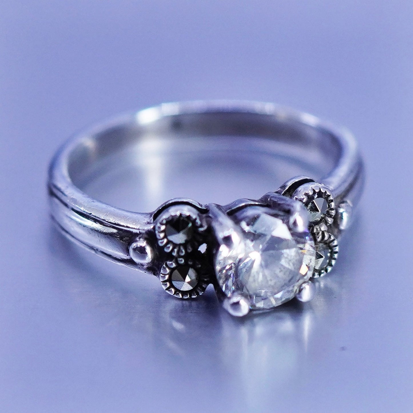 Size 7, vtg Sterling 925 silver handmade engagement ring with Cz and marcasite