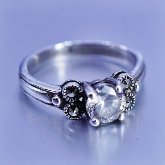 Size 7, vtg Sterling 925 silver handmade engagement ring with Cz and marcasite