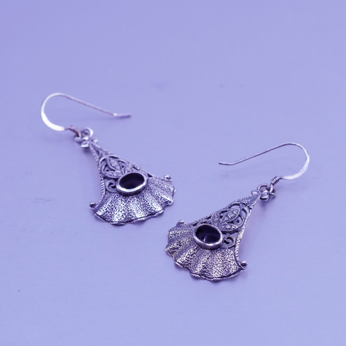 Vintage Sterling 925 silver handmade textured earrings with obsidian