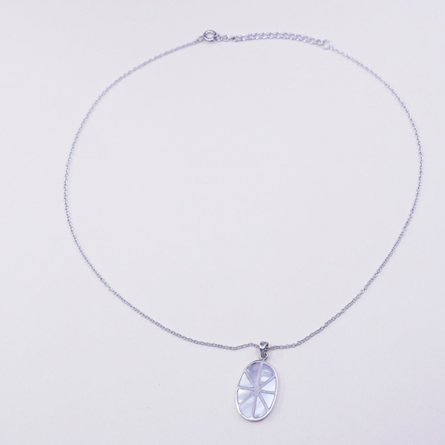 16+2”, Sterling silver necklace, 925 circle chain oval mother of pearl pendant