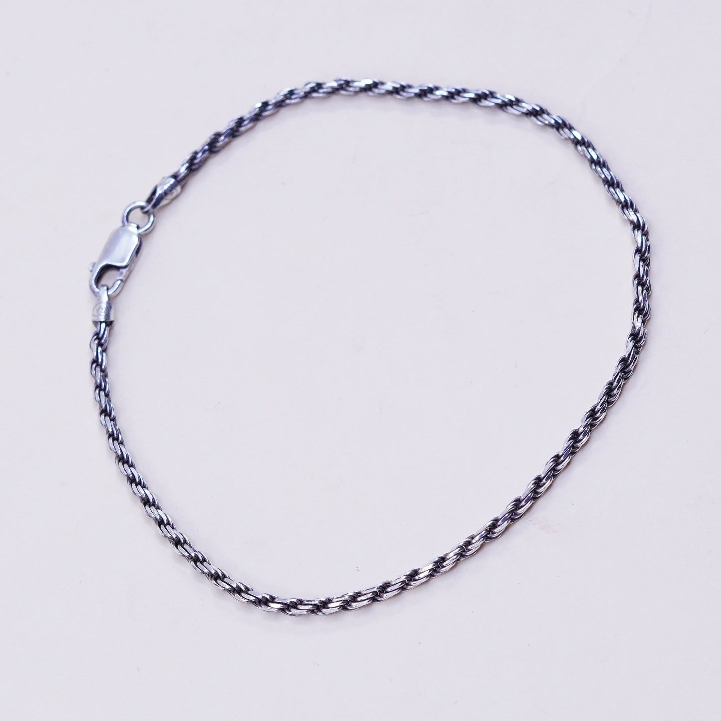 9”, 2mm, Vintage sterling 925 silver Italy rope chain bracelet
