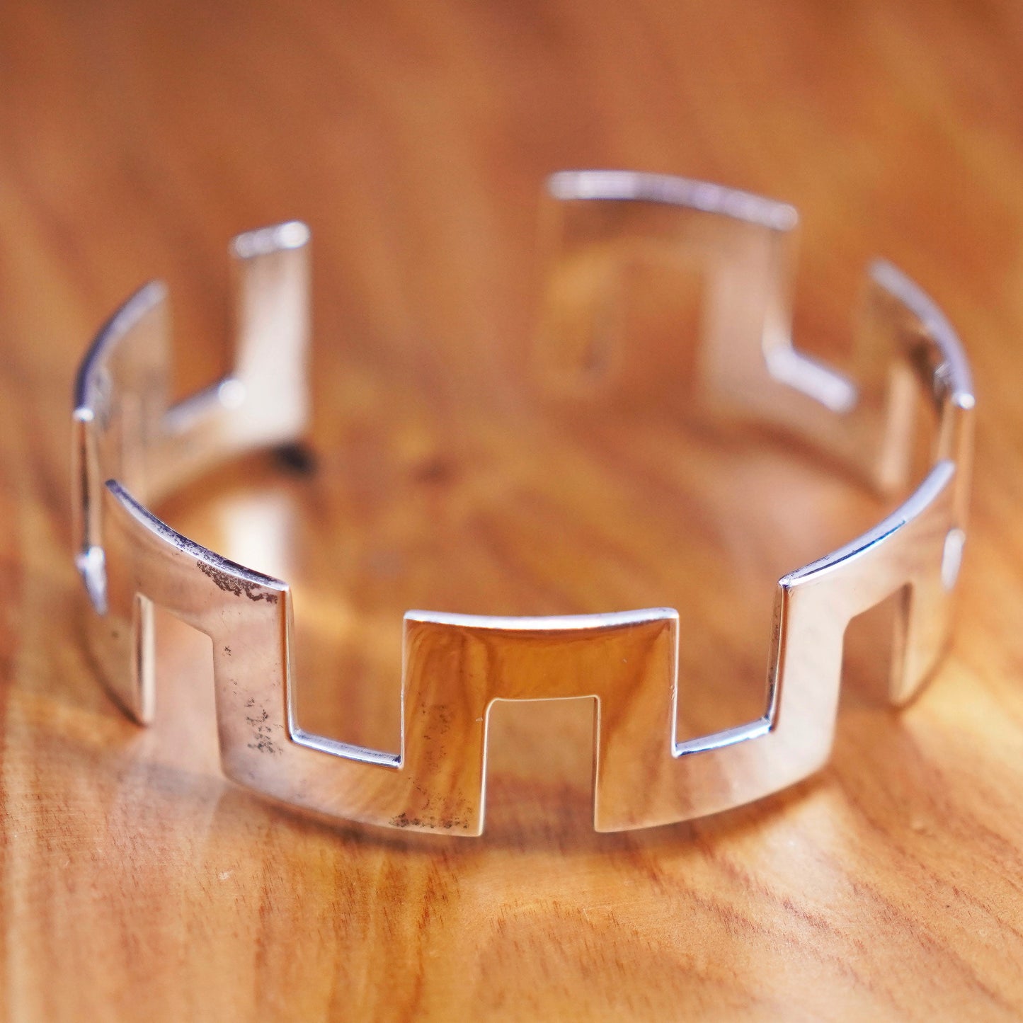 7.5”, Vintage Mexico Sterling silver handmade bracelet, zigzag wide 925 cuff