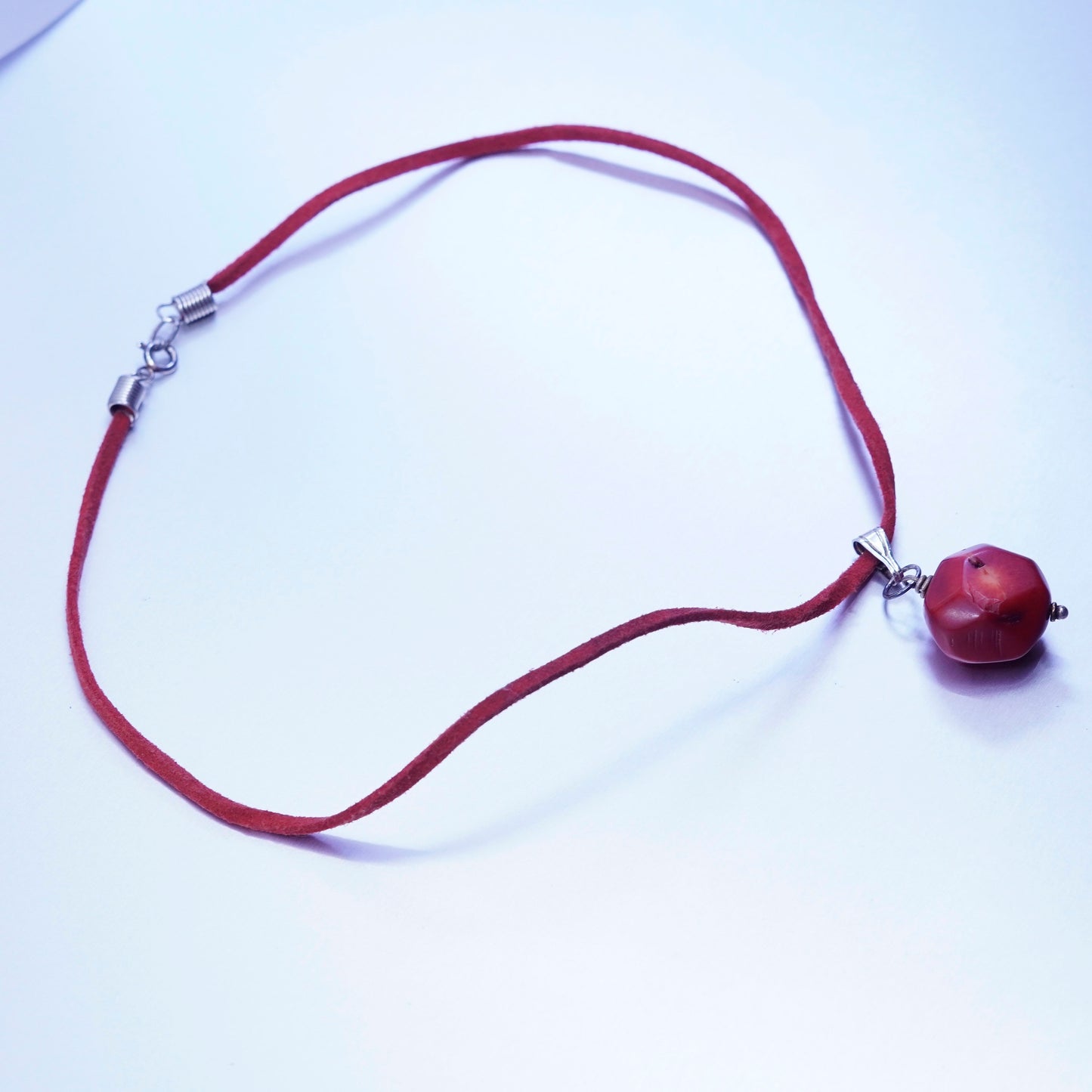 17”, Native American 925 Sterling Silver leather Necklace coral nugget pendant