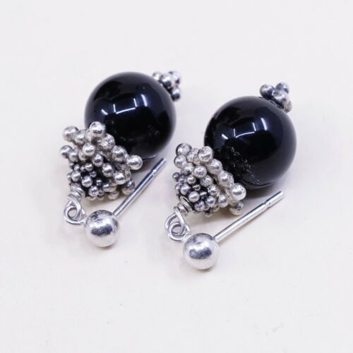 Vintage Sterling Silver Handmade Earrings, 925 Dangles W/ Obsidian N Besds