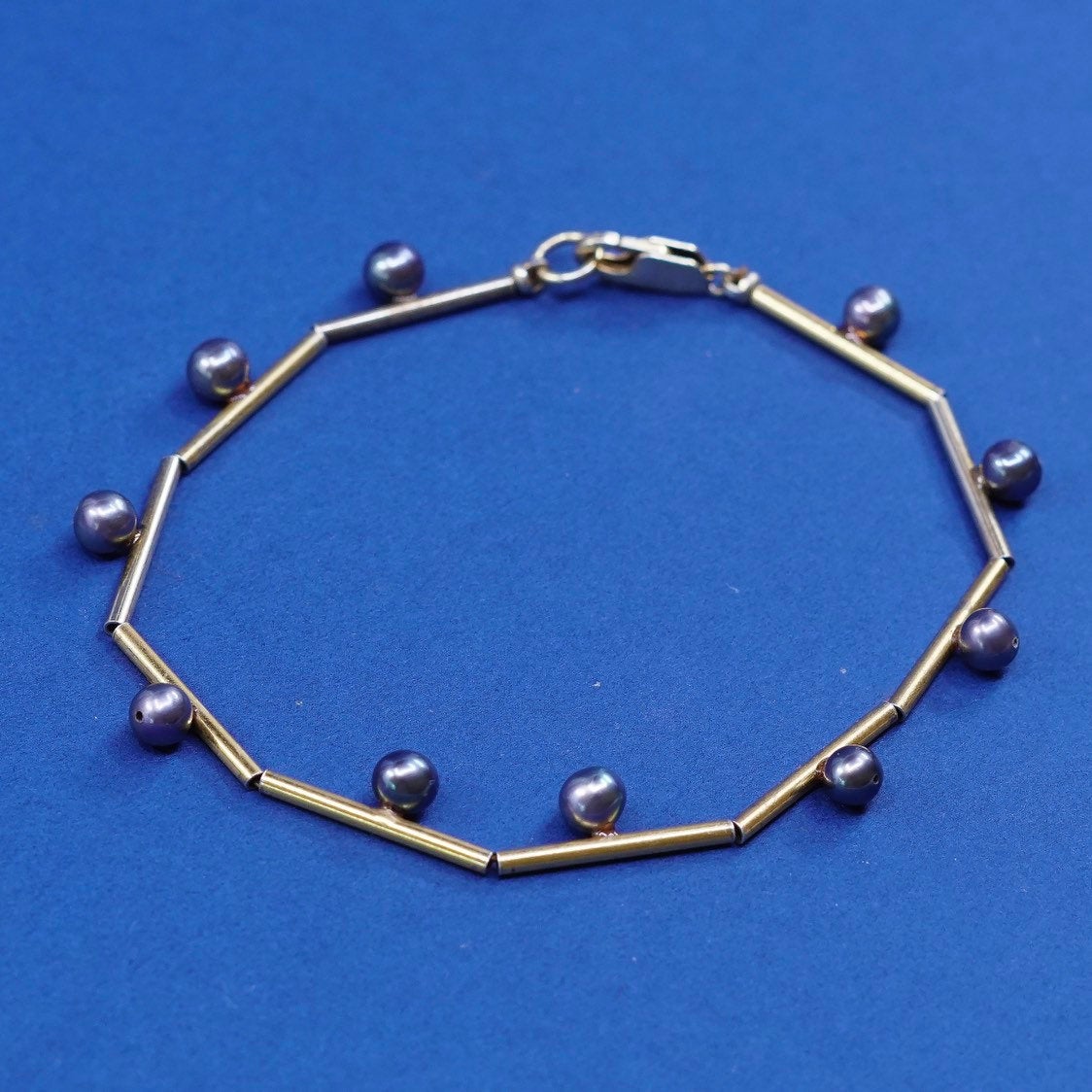 8", vermeil gold sterling silver handmade bracelet, 925 bar chain w/ pearl bead