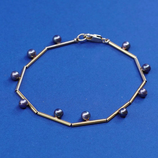 8", vermeil gold sterling silver handmade bracelet, 925 bar chain w/ pearl bead
