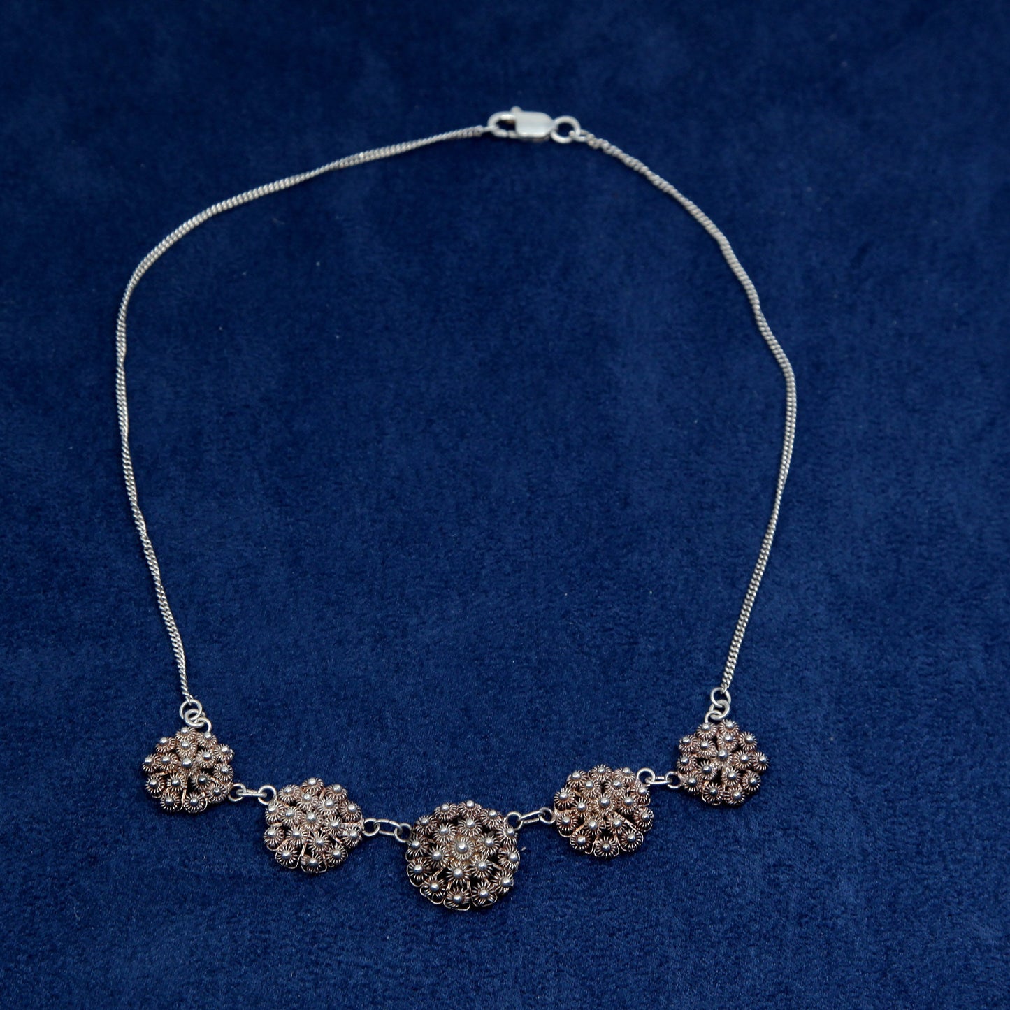 14”, vintage Sterling silver handmade necklace, 925 filigree flower links