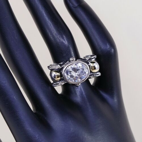 Size 6.5, Vtg Two Tone Sterling 925 Silver Handmade Ring W/ Gold Tone Beads N Cz