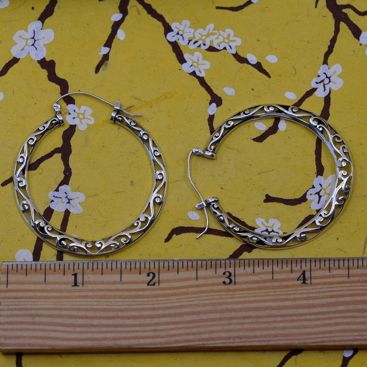 2”, vintage Sterling silver handmade earrings, filigree 925 huge hoops