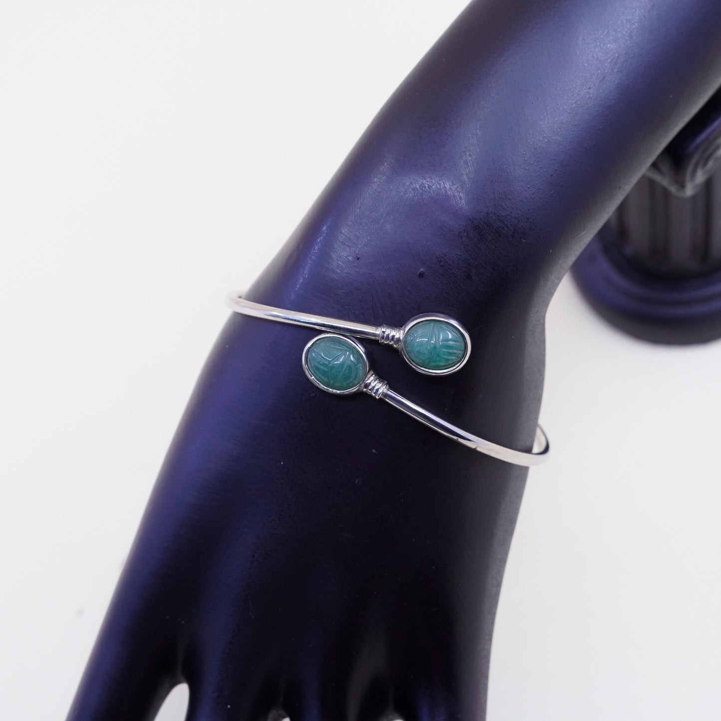 7”, sterling silver contemporary handmade bracelet, 925 wrap cuff carved jade