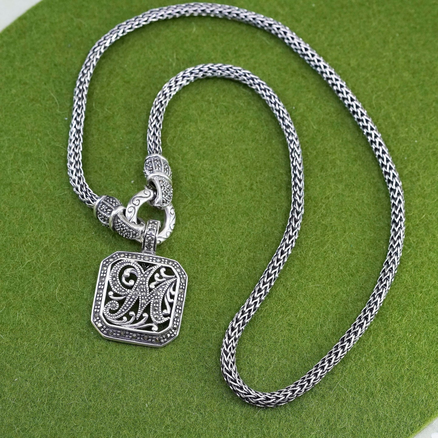 17”, sterling 925 silver necklace, wheat chain marcasite initial “M” pendant