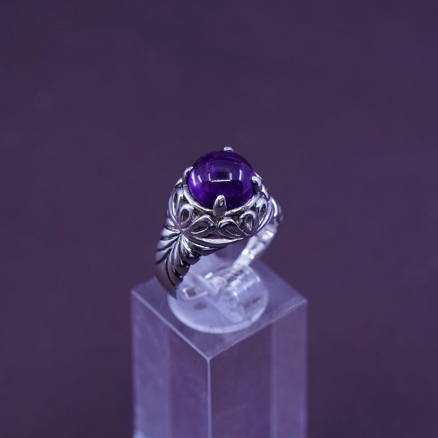 Size 8.25, vintage SLC filigree Sterling 925 silver handmade ring with amethyst