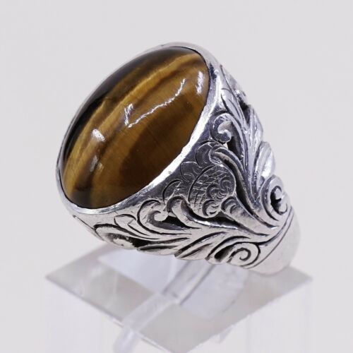 Sz 5, Vtg Handmade Sterling Silver Ring W/ Golden Tiger Eye N Filigree Details