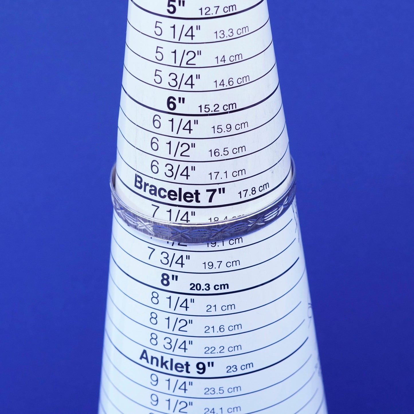 7.25”, vintage silver tone handmade bracelet, textured bangle