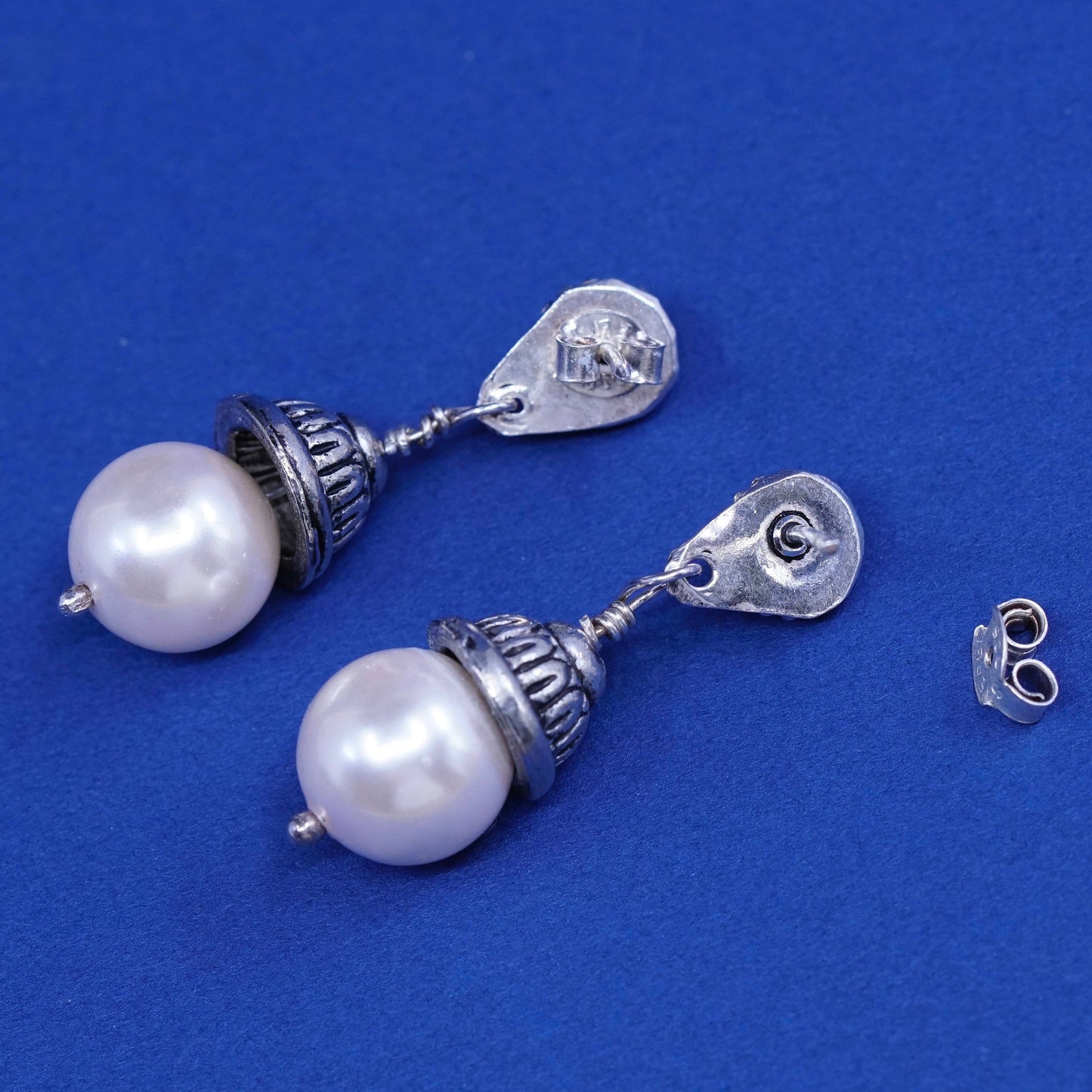 Vintage Sterling silver handmade earrings, bali 925 silver with pearl drops