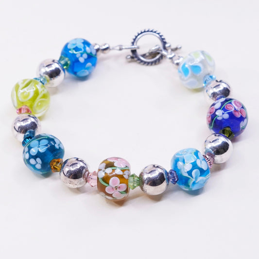 6.75”, vtg 925 Sterling silver bracelet w/ artisan floral glass beads N toggle