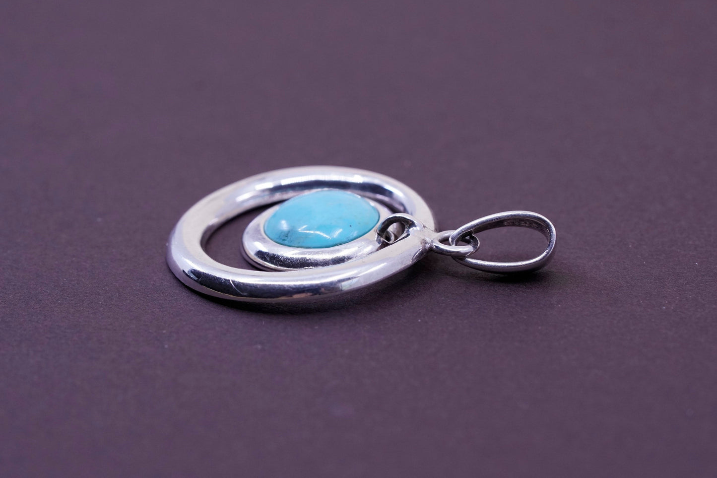 Vintage Sterling 925 silver handmade circle pendant with round turquoise