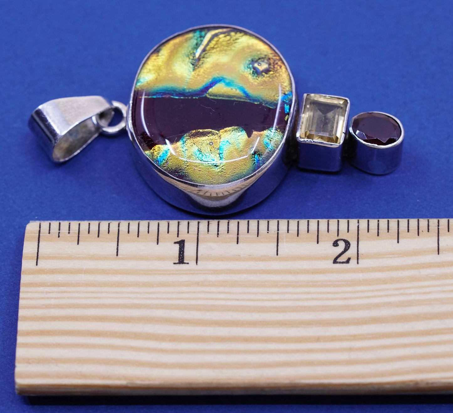 vtg sterling 925 silver handmade pendant with dichroic glass and citrine ruby