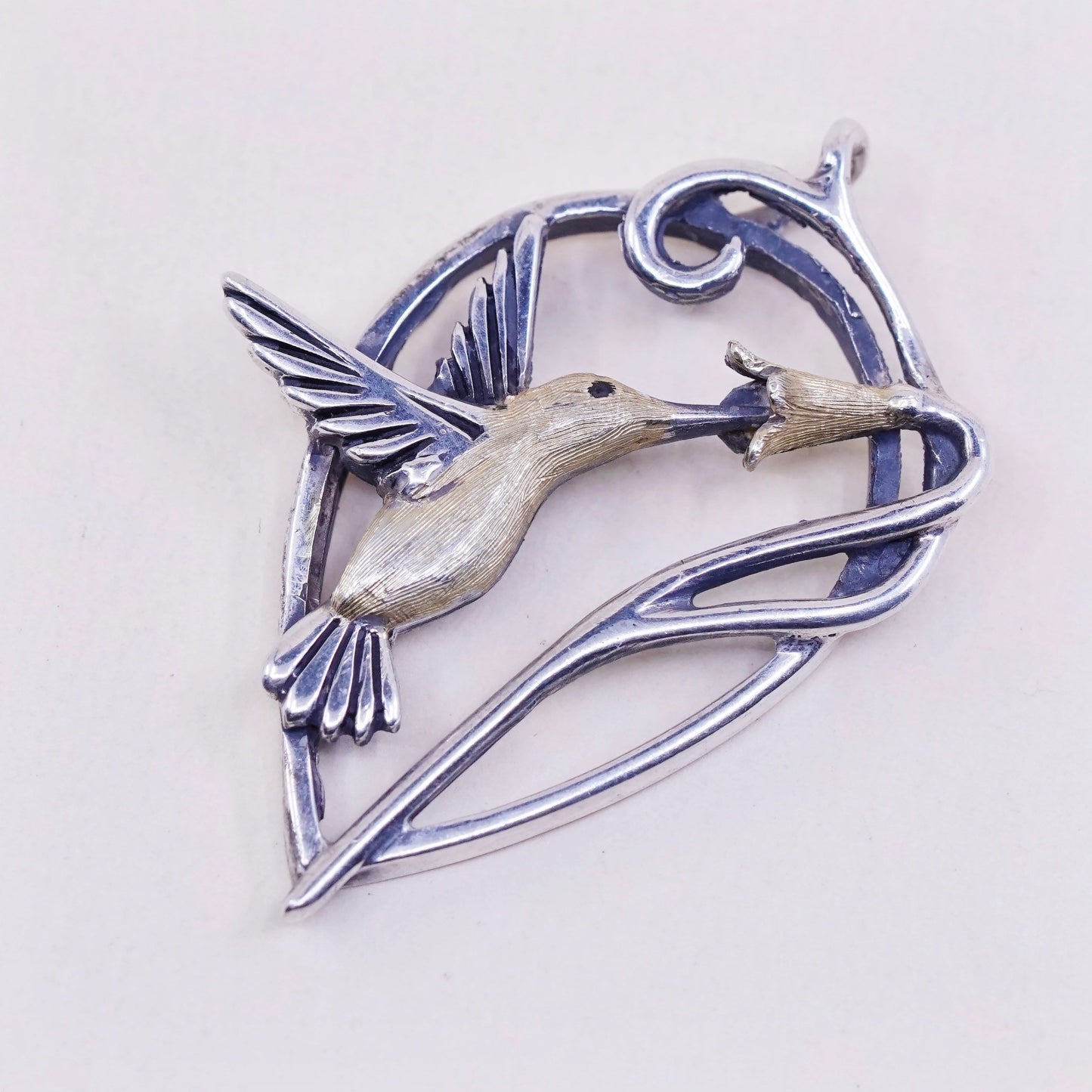 vtg S Tusse Sterling 925 silver pendant, hummingbird with flower and enamel