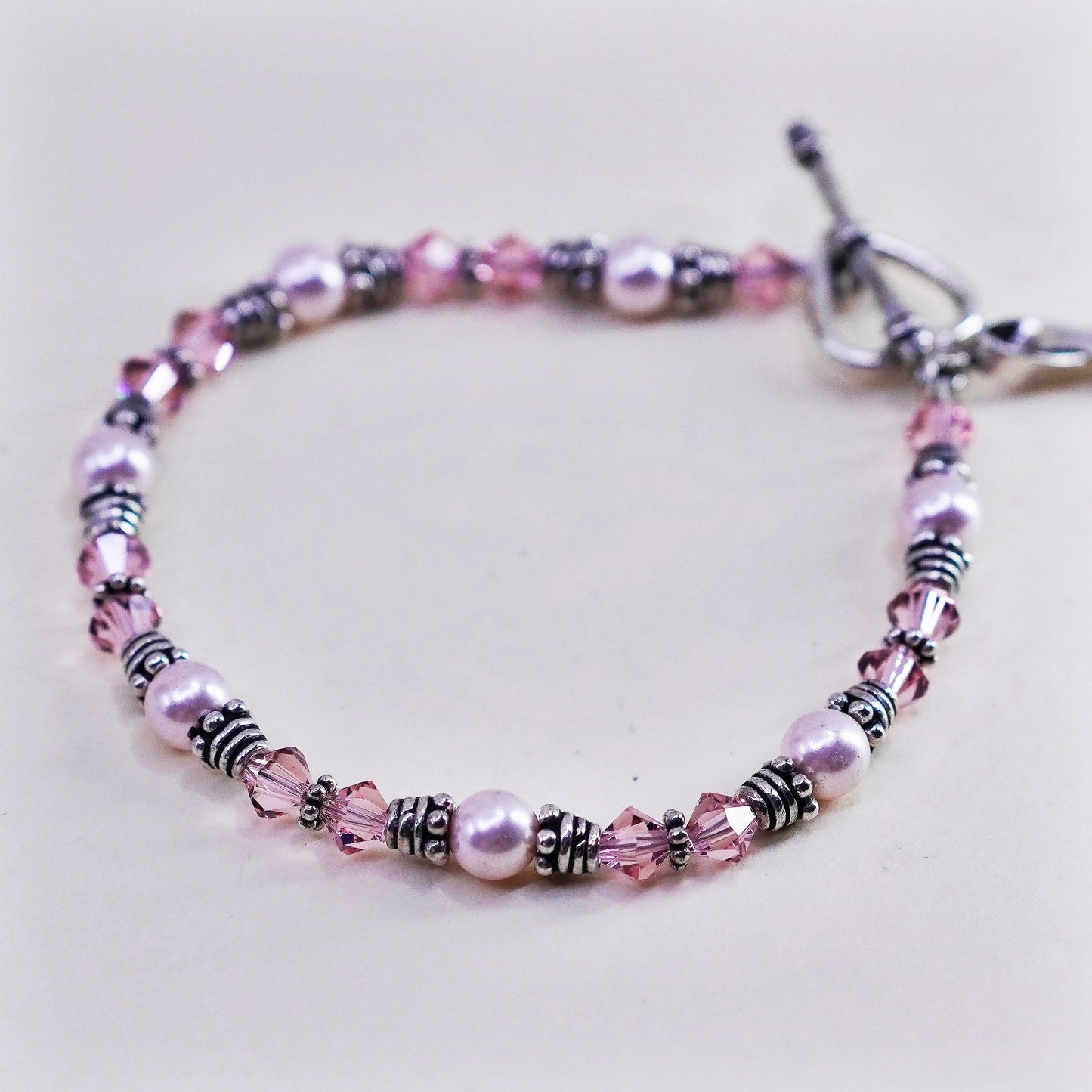 7”, Sterling silver bracelet, 925 bead chain pink crystal breast cancer ribbon