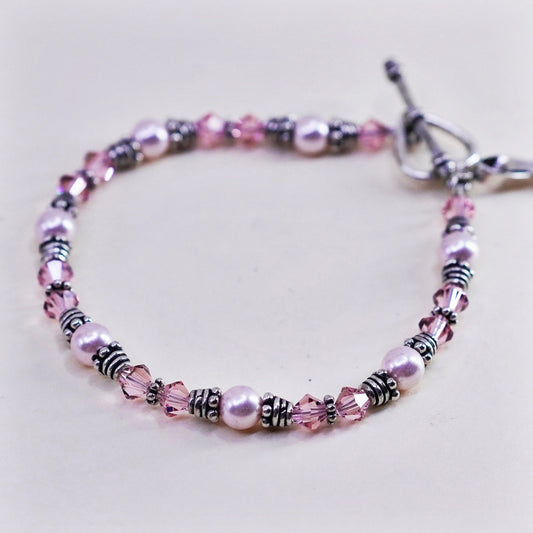 7”, Sterling silver bracelet, 925 bead chain pink crystal breast cancer ribbon