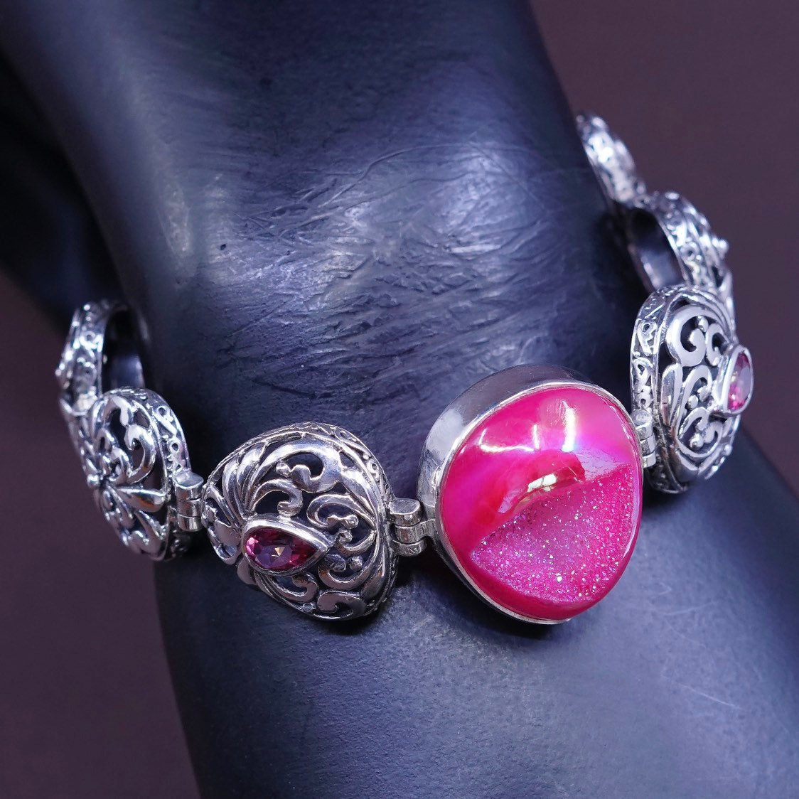 6.5"+0.5”, Sterling silver handmade bracelet, 925 w/ pink druzy stone n ruby