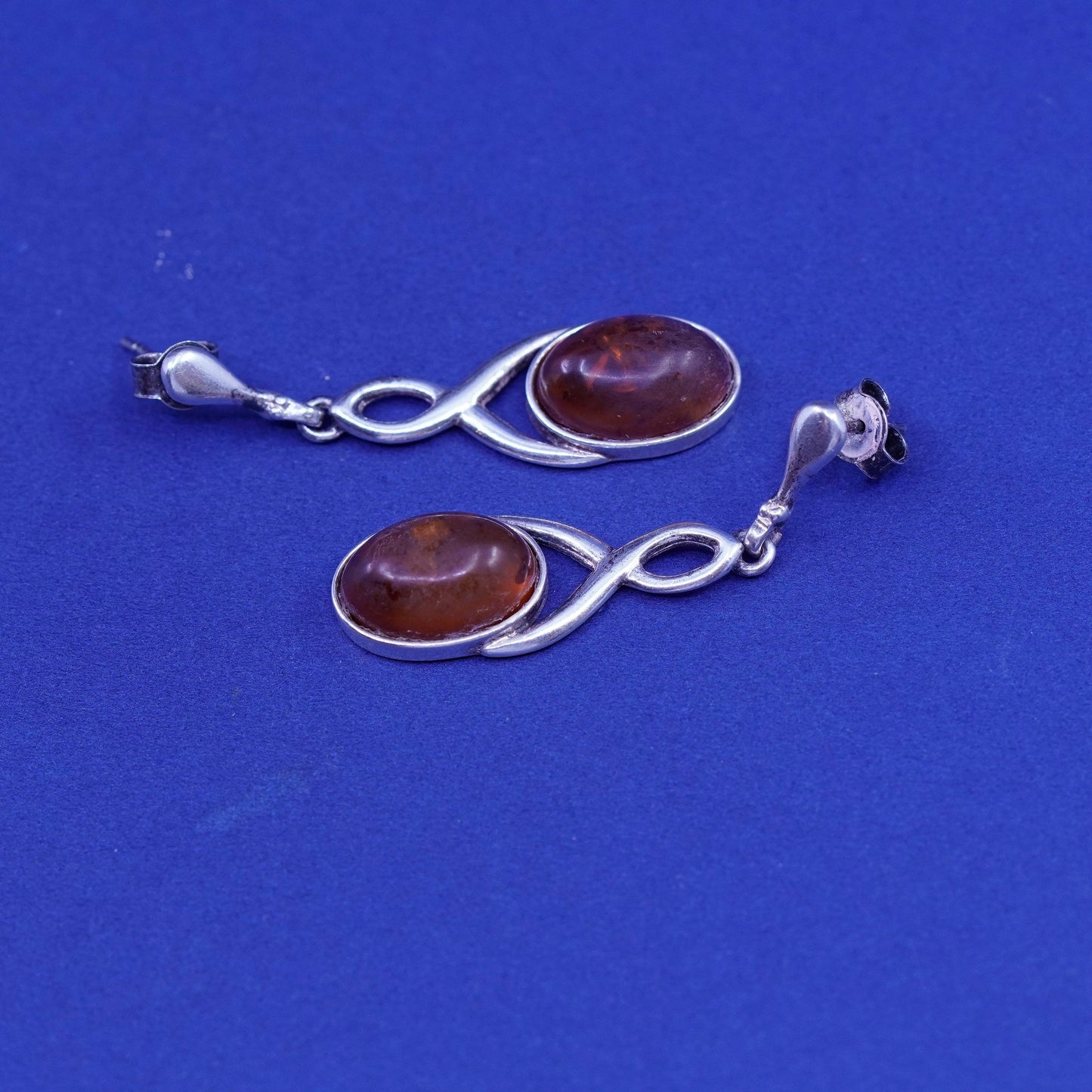 Vintage sterling 925 silver handmade earrings with oval amber