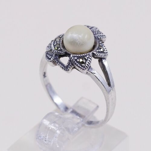 Sz 7.25, Vtg Sterling Silver Handmade Ring, 925 Silver W/ Faux pearl N Marcasite