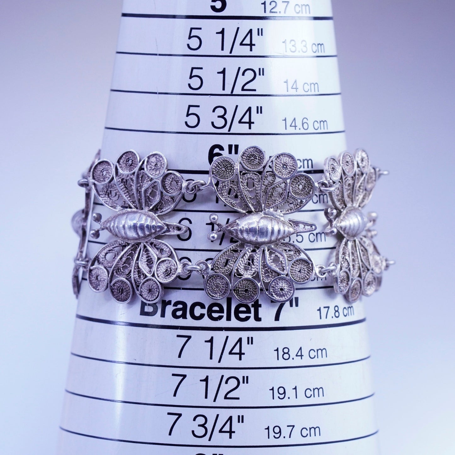 6”, vintage Sterling 925 silver handmade bracelet, filigree butterfly