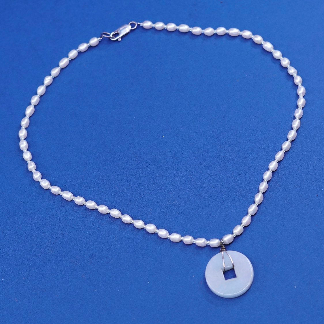 14", vtg Sterling silver handmade necklace, 925 clasp w/ pear N jade pendant