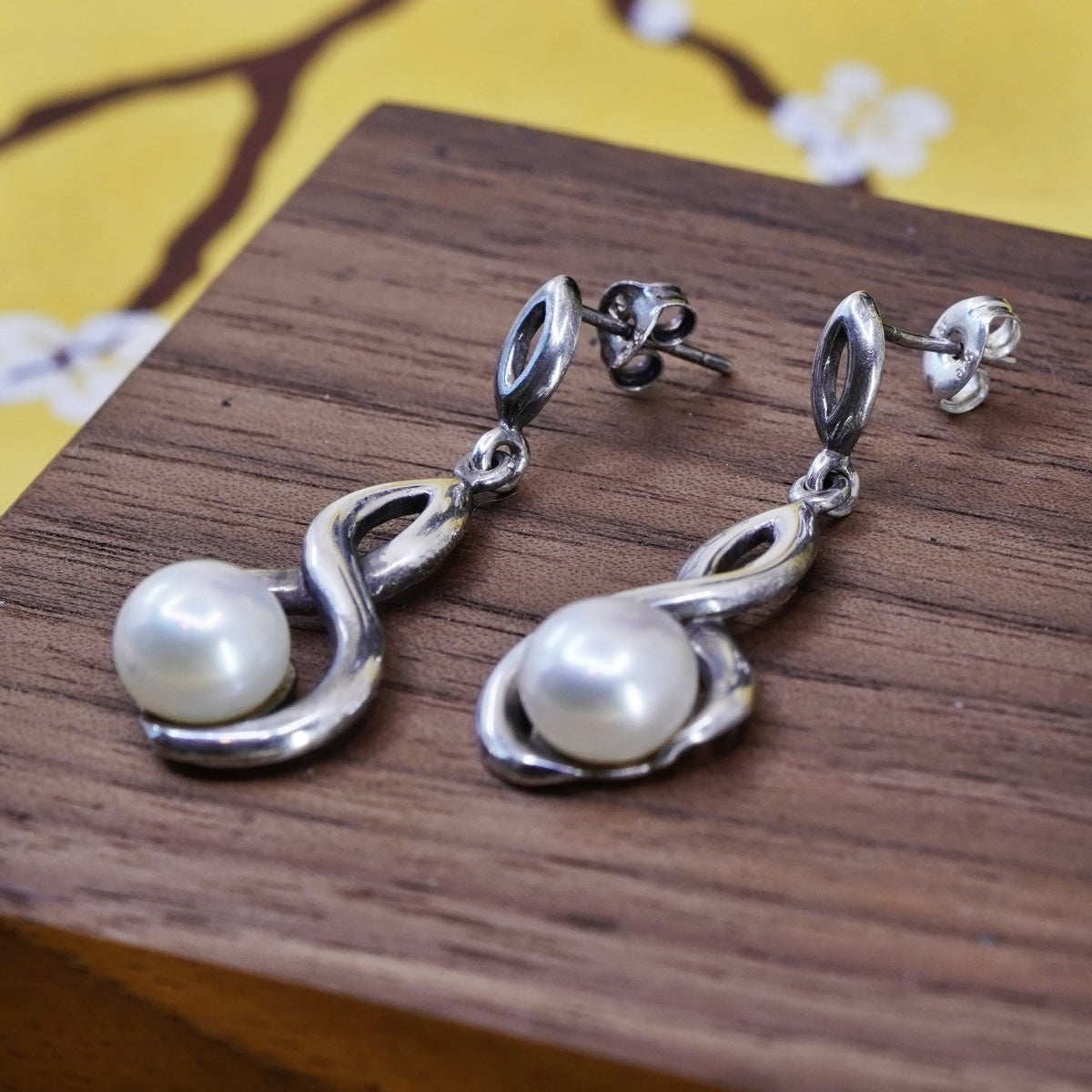 Vintage CFJ Sterling 925 silver handmade entwined earrings with pearl
