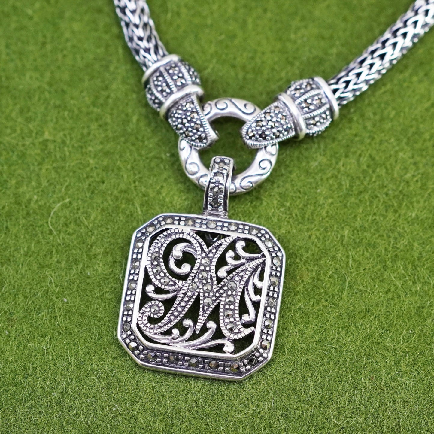 17”, sterling 925 silver necklace, wheat chain marcasite initial “M” pendant