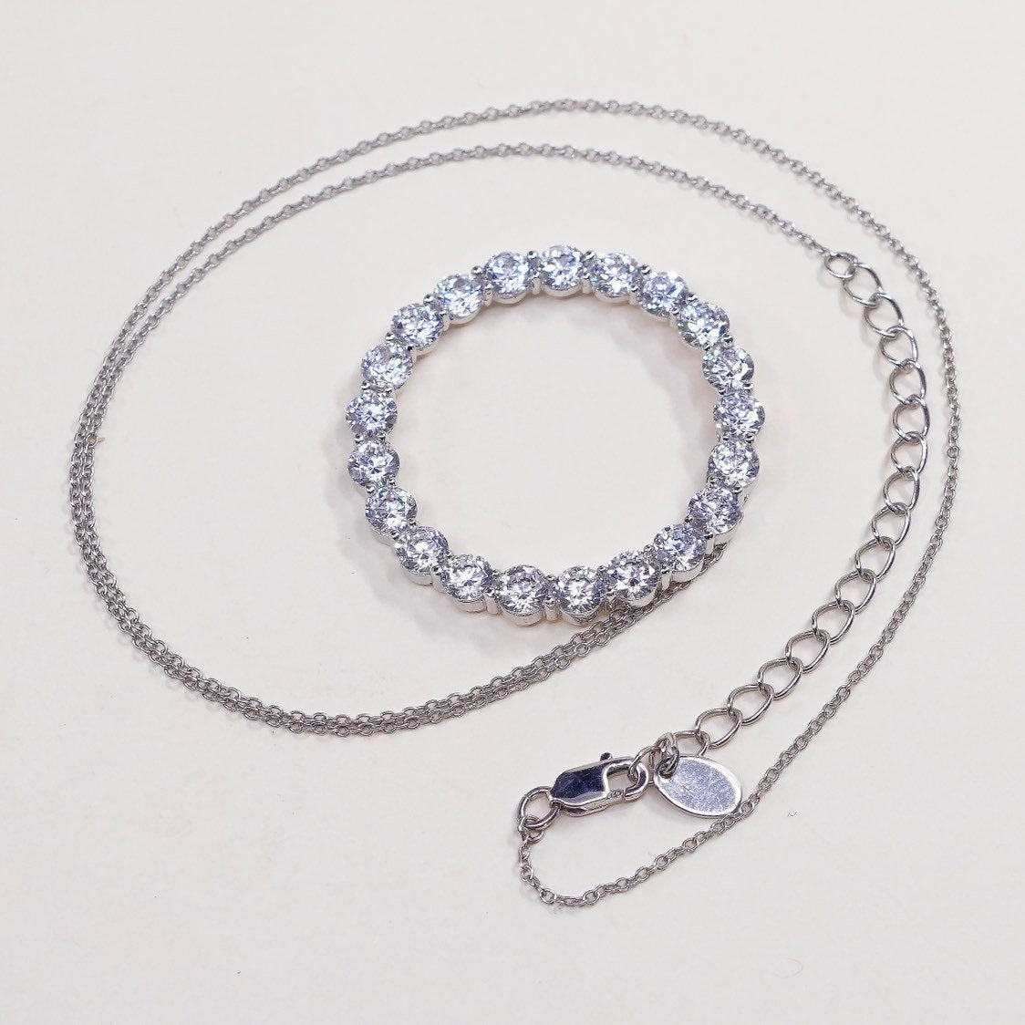 16+2”, vtg Sterling silver necklace 925 circle chain w/ circle pendant N Cz