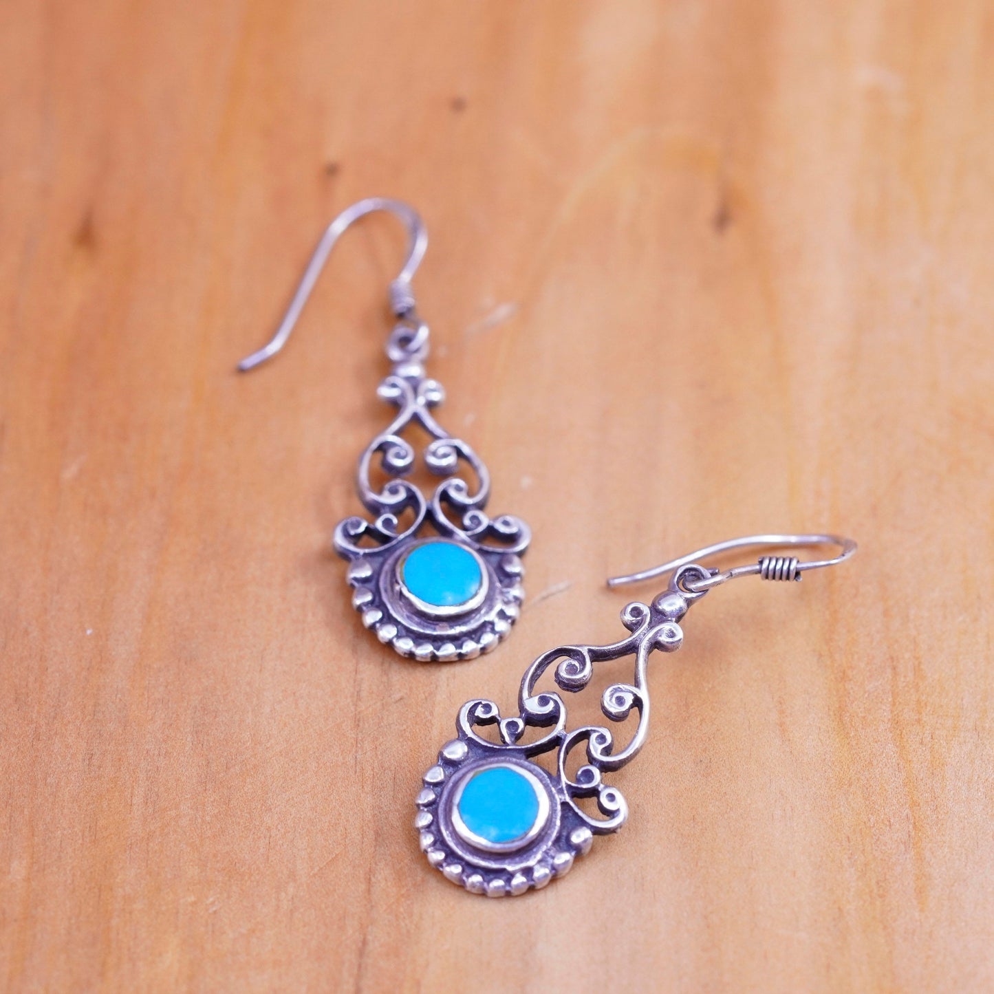 Vintage Sterling 925 silver handmade filigree teardrop earrings with turquoise