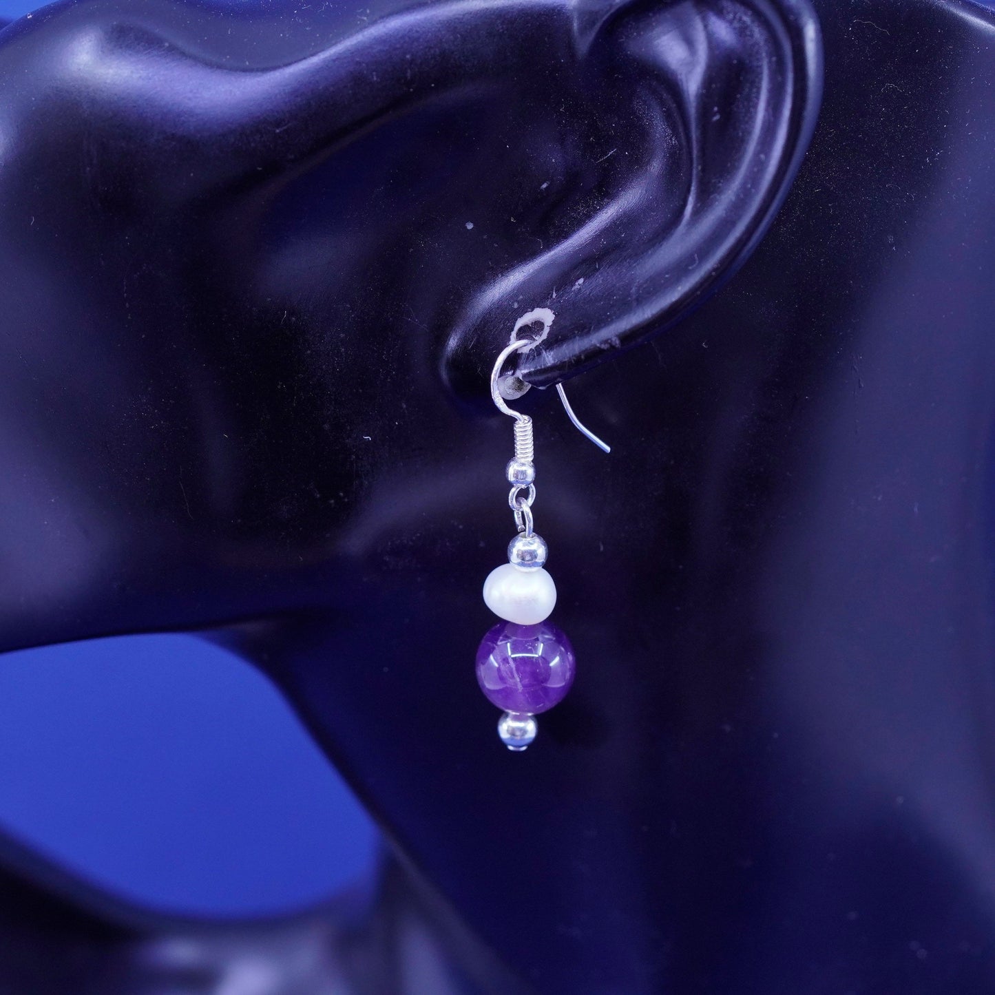 Vintage sterling 925 silver handmade earrings with pearl amethyst beads