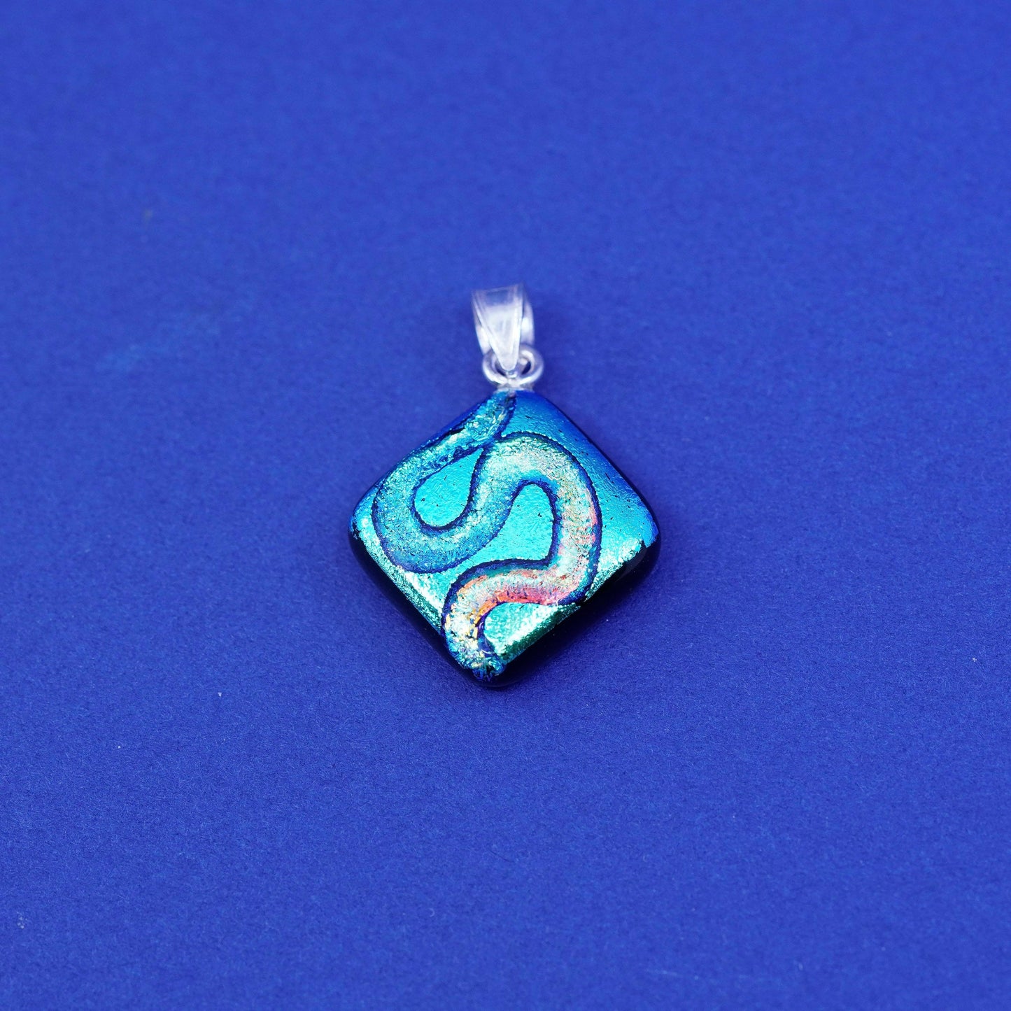 Vintage sterling 925 silver handmade pendant with dichroic glass