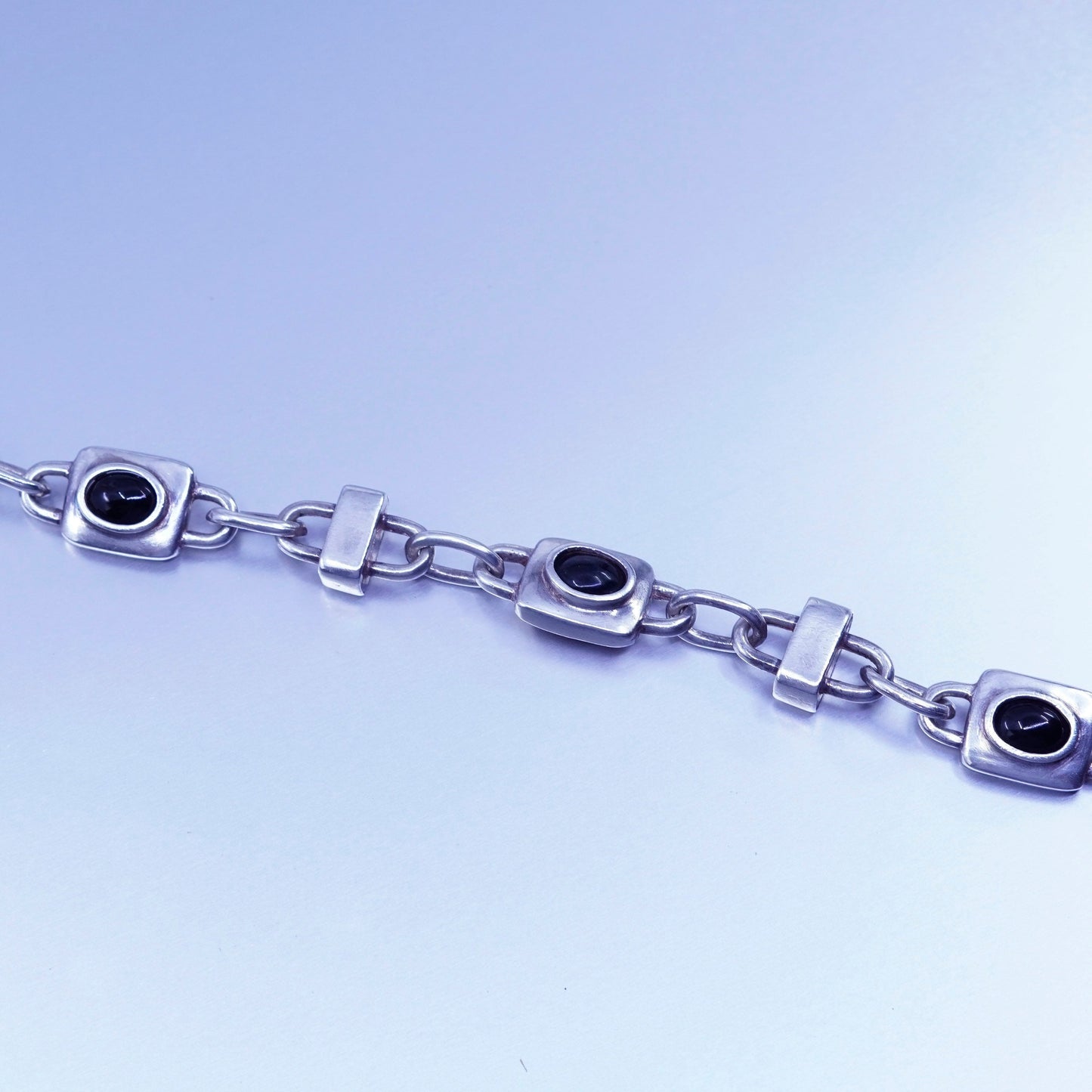 6.75”, vintage Sterling 925 silver handmade bold bracelet with obsidian beads