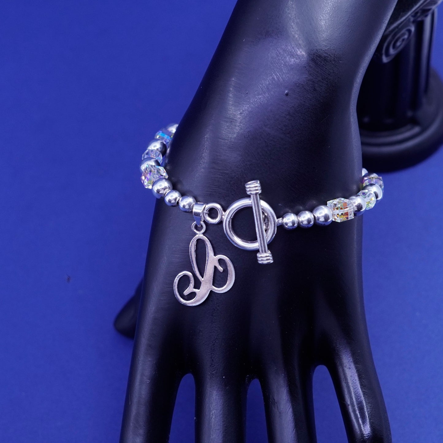 6.75”, sterling 925 silver handmade crystal beads bracelet and initial A charm