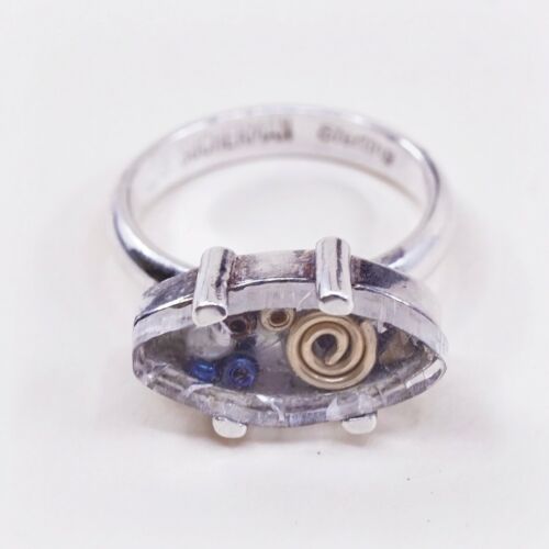 Size 6.5, Vtg b sucherman Two Tone Sterling 925 Silver Handmade Ring W/ Brass