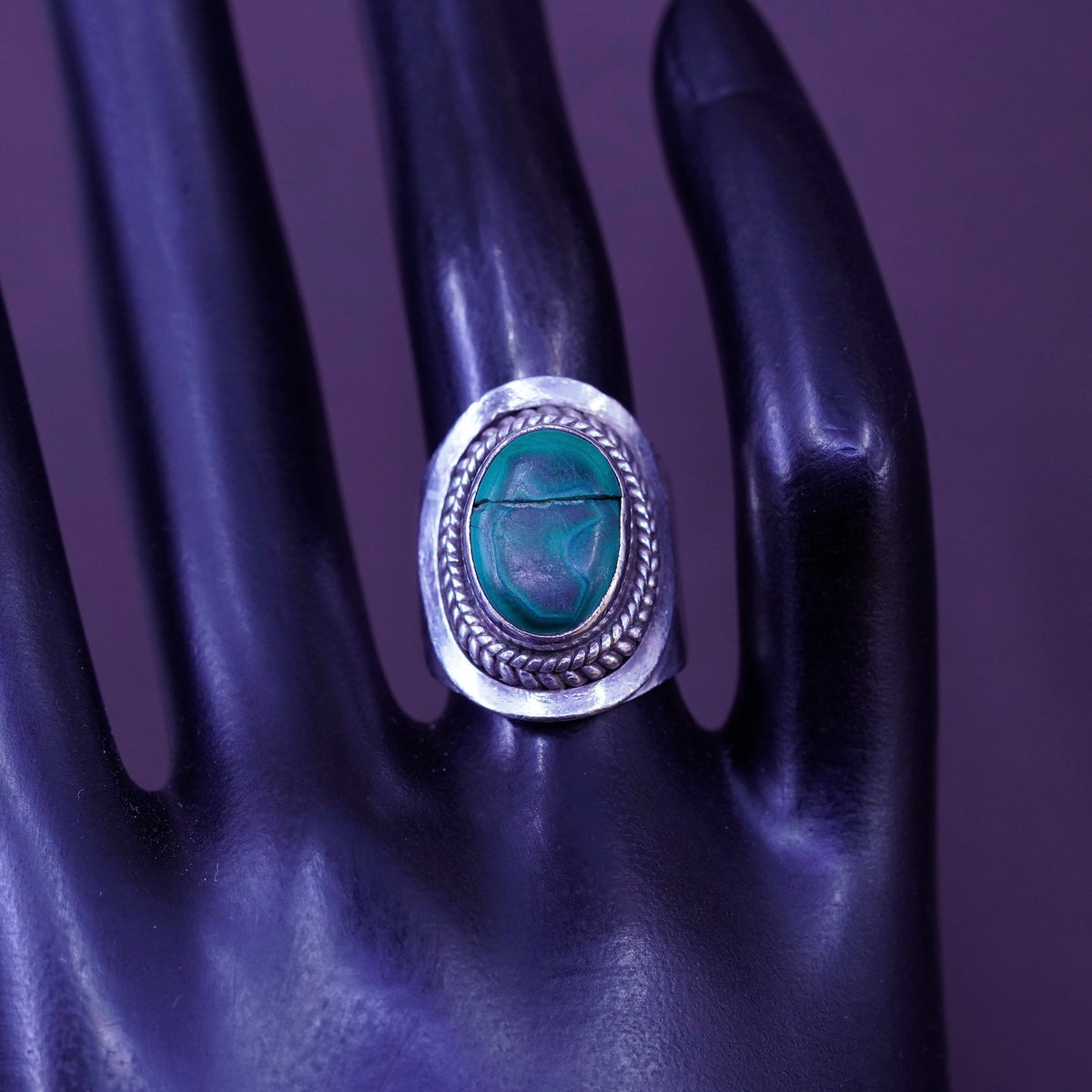 Size 5.5, vintage Mexico Sterling 925 silver handmade ring band with malachite