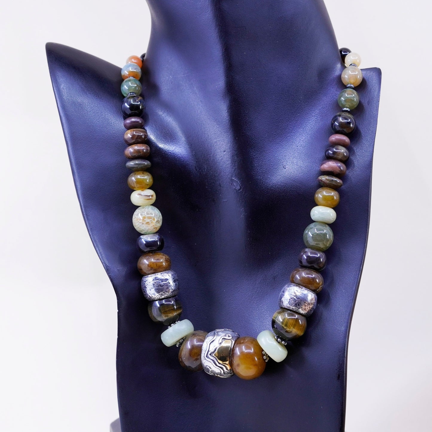 18”, vintage handmade necklace, genuine golden tiger eye, agate jade beads